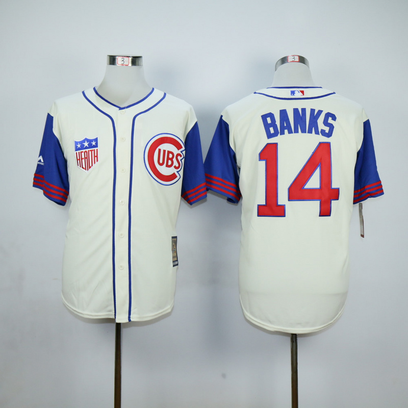 Men Chicago Cubs 14 Banks Cream Throwback 1942 MLB Jerseys